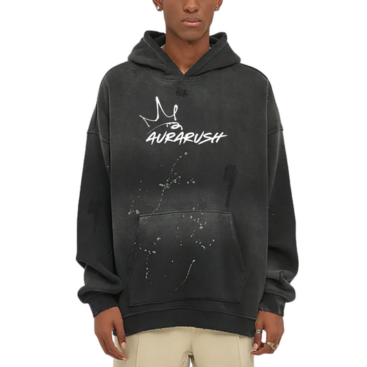 Large AURARUSH Vintage Washed Frayed Fleece Hoodie