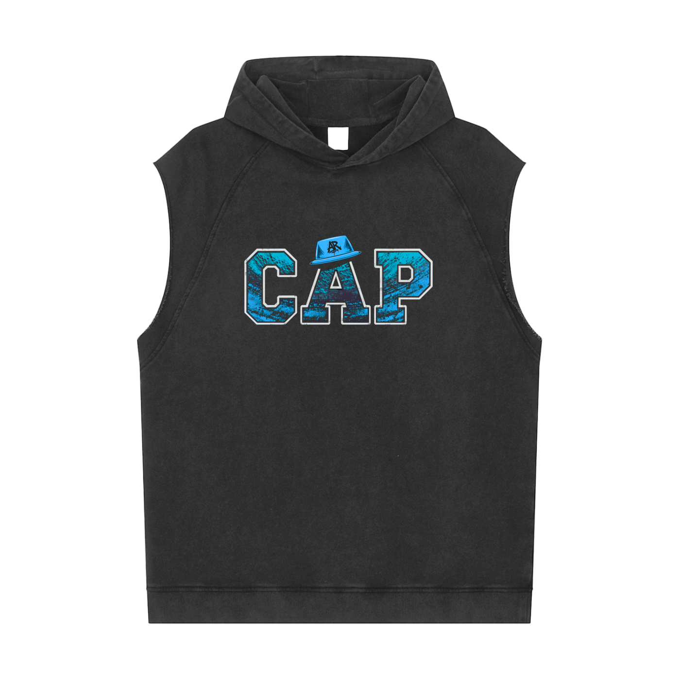 CAP Snow Washed Raw-Hem Sleeveless Hoodie- White Print