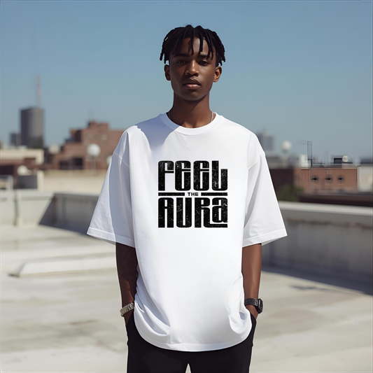 FEEL THE AURA Loose Drop Shoulder Tee- White Print