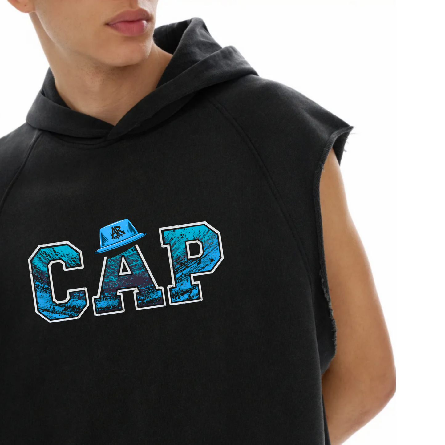 CAP Snow Washed Raw-Hem Sleeveless Hoodie- White Print