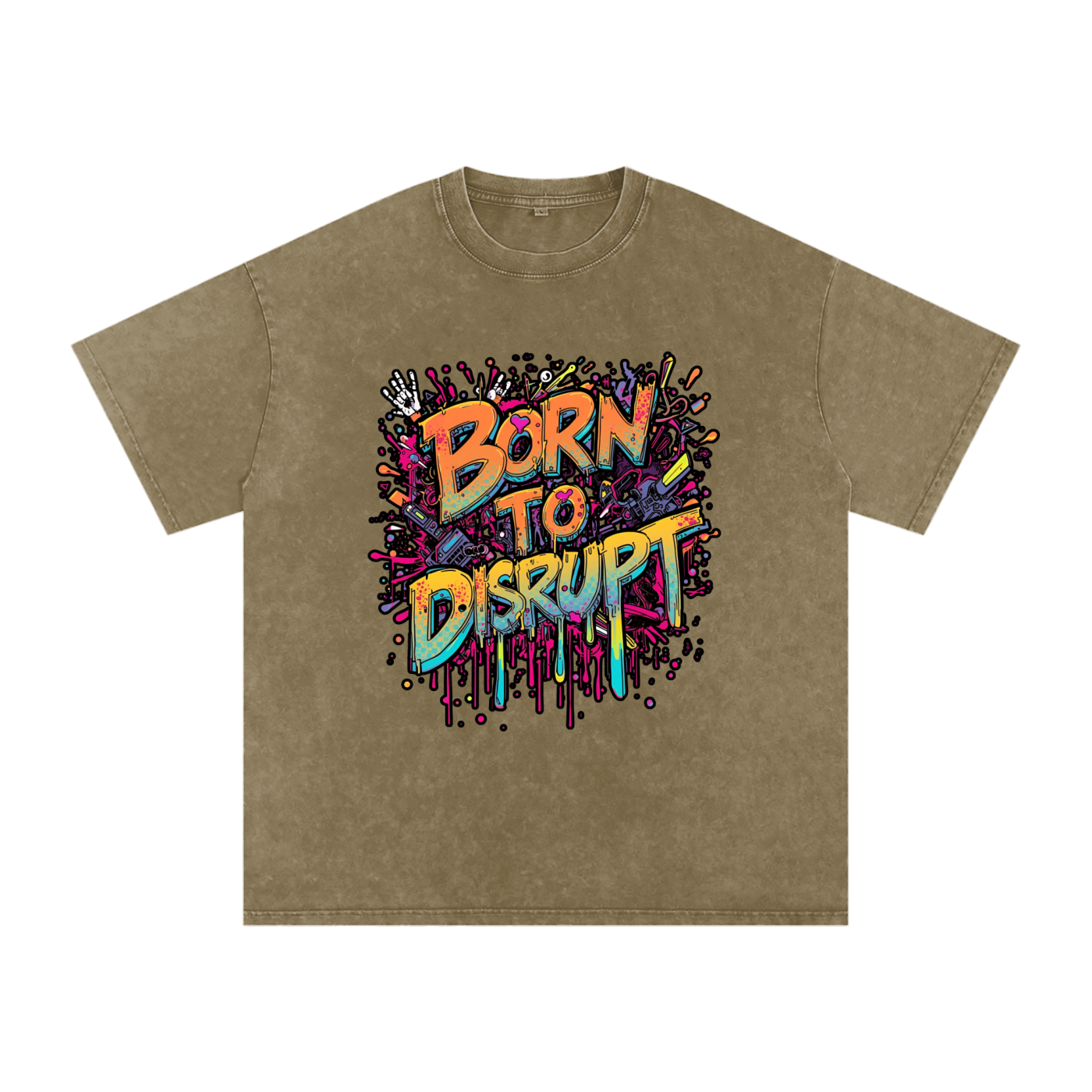 Born To Disrupt Paint Drip Snow Washed Oversized Tee