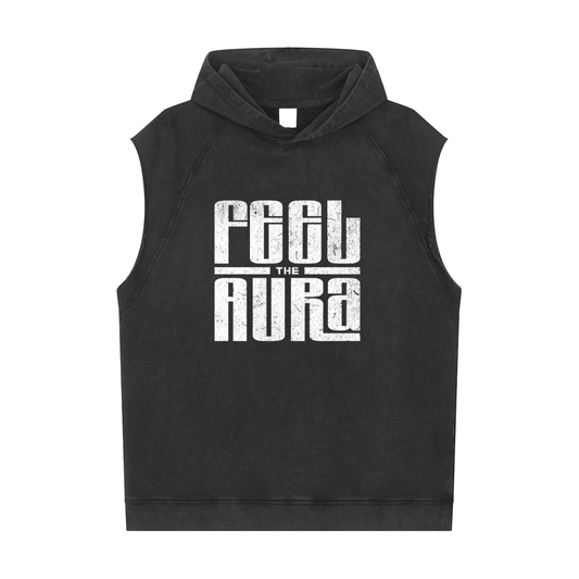 FEEL THE AURA Snow Washed Raw Hem Sleeveless Hoodie
