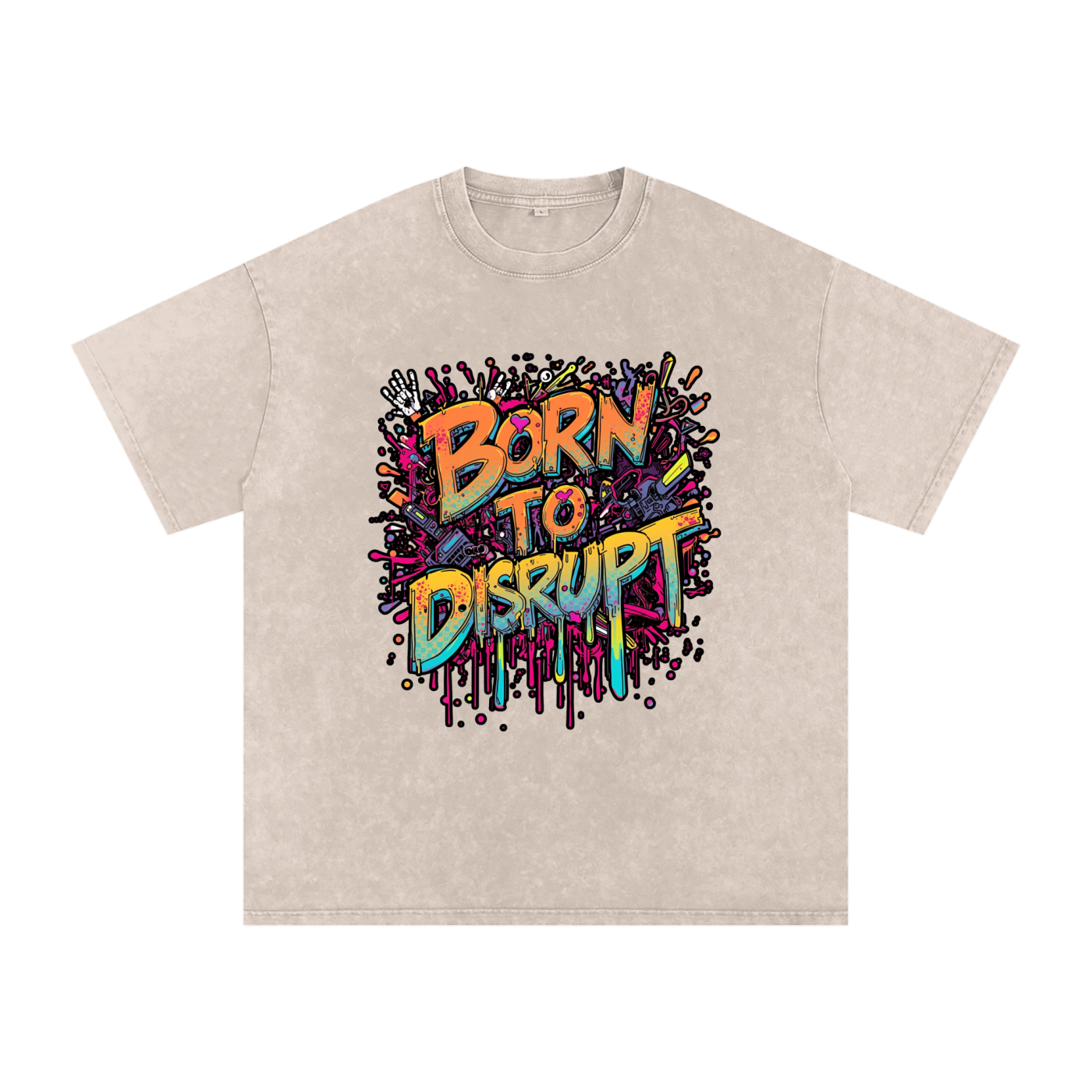 Born To Disrupt Paint Drip Snow Washed Oversized Tee