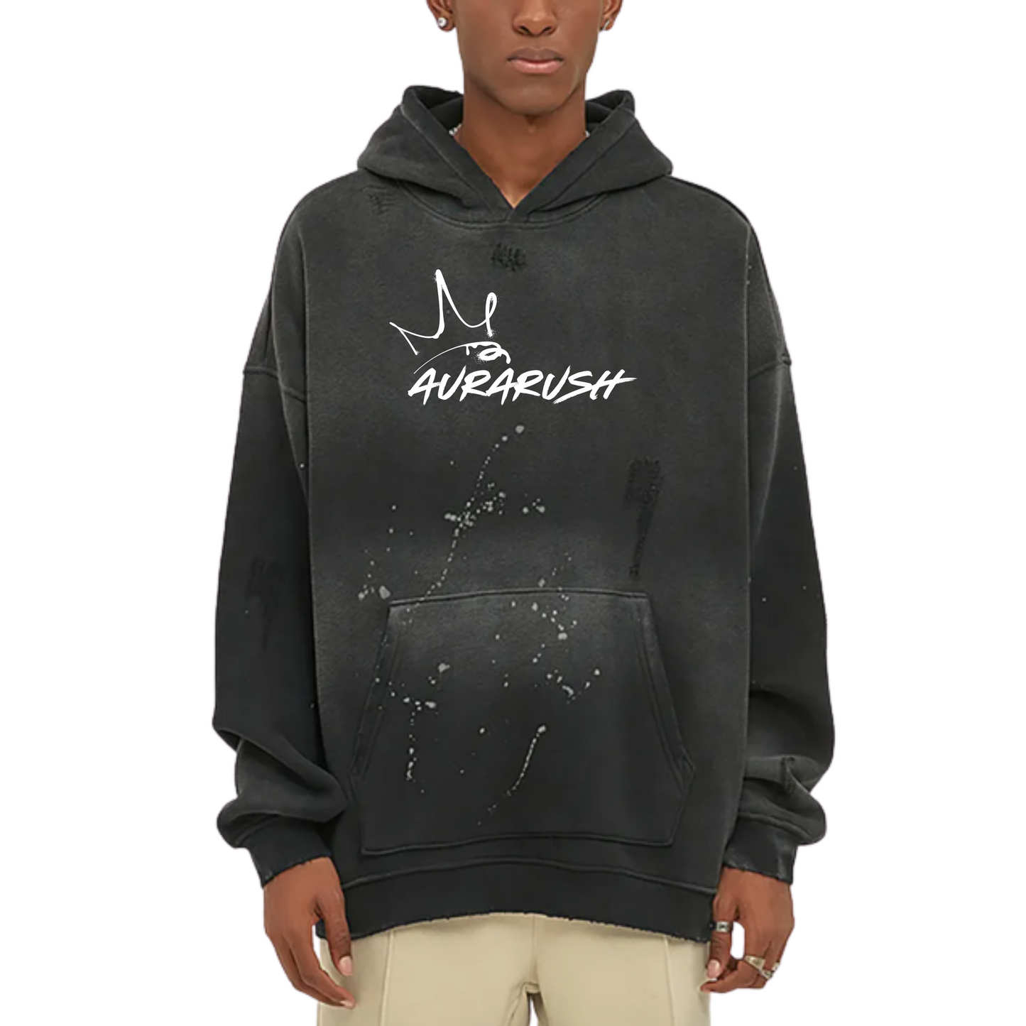 Large AURARUSH Vintage Washed Frayed Fleece Hoodie