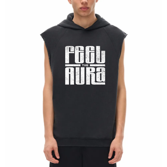 FEEL THE AURA Snow Washed Raw Hem Sleeveless Hoodie