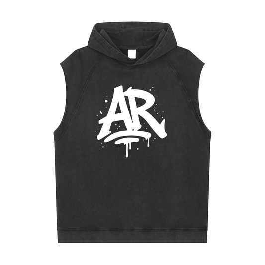 Large AuraRush Initials Snow Washed Raw Hem Sleeveless Hoodie