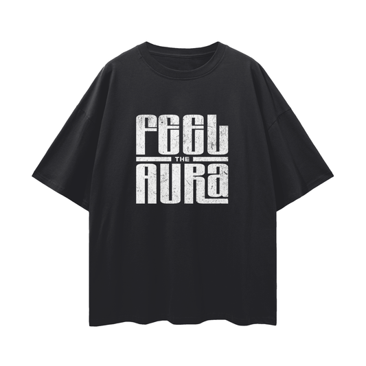 FEEL THE AURA Loose Drop Shoulder Tee- White Print
