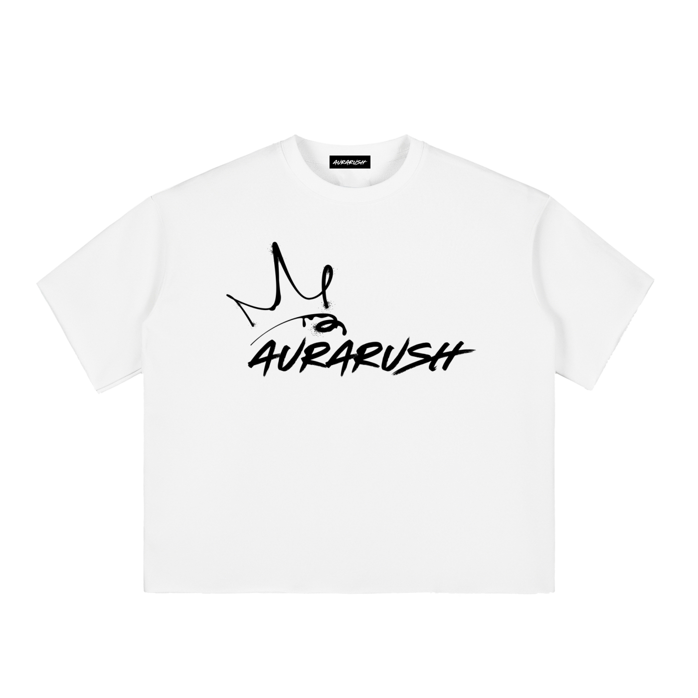 Large AURARUSH Boxy Half-Sleeve Raw-Edge T- Black Print