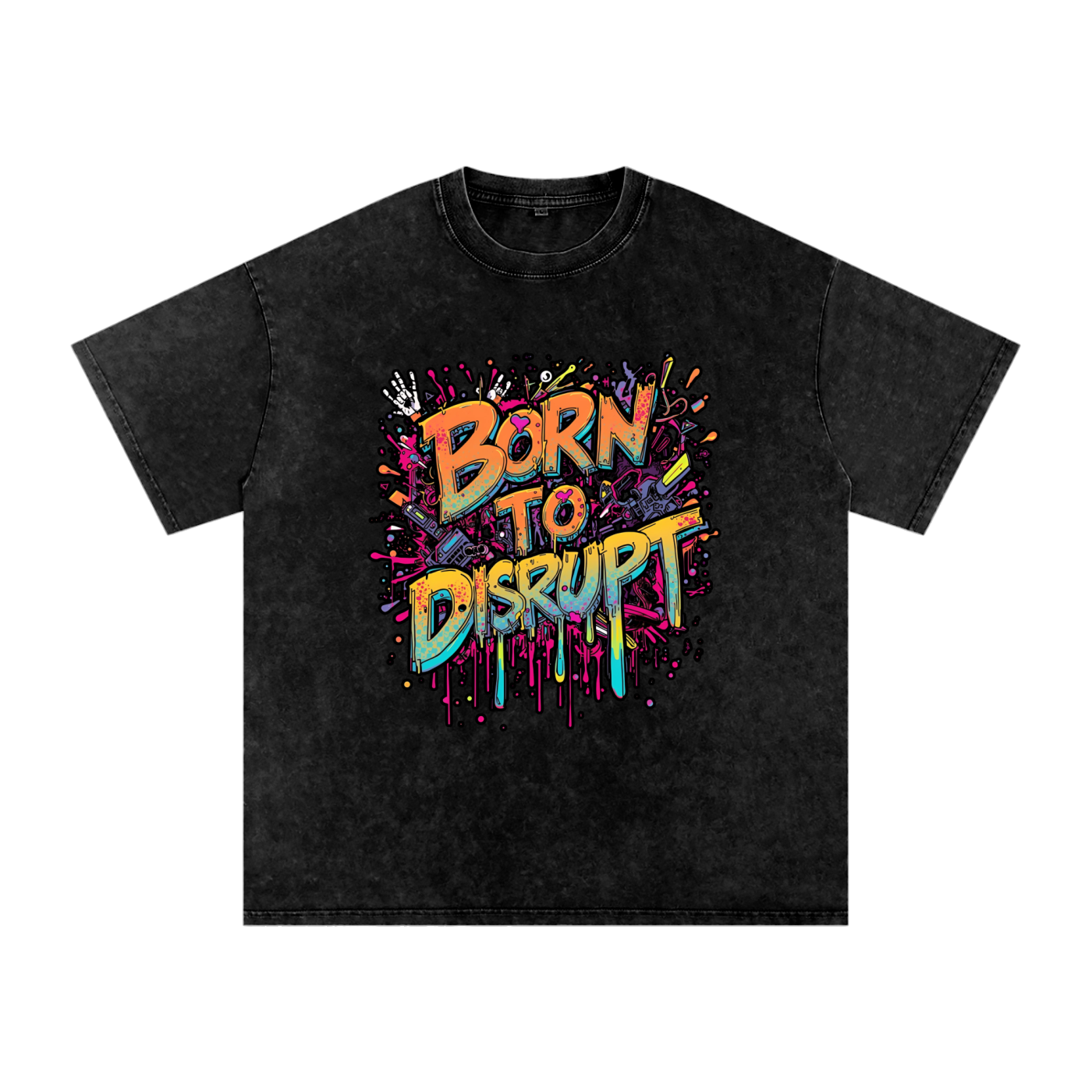 Born To Disrupt Paint Drip Snow Washed Oversized Tee