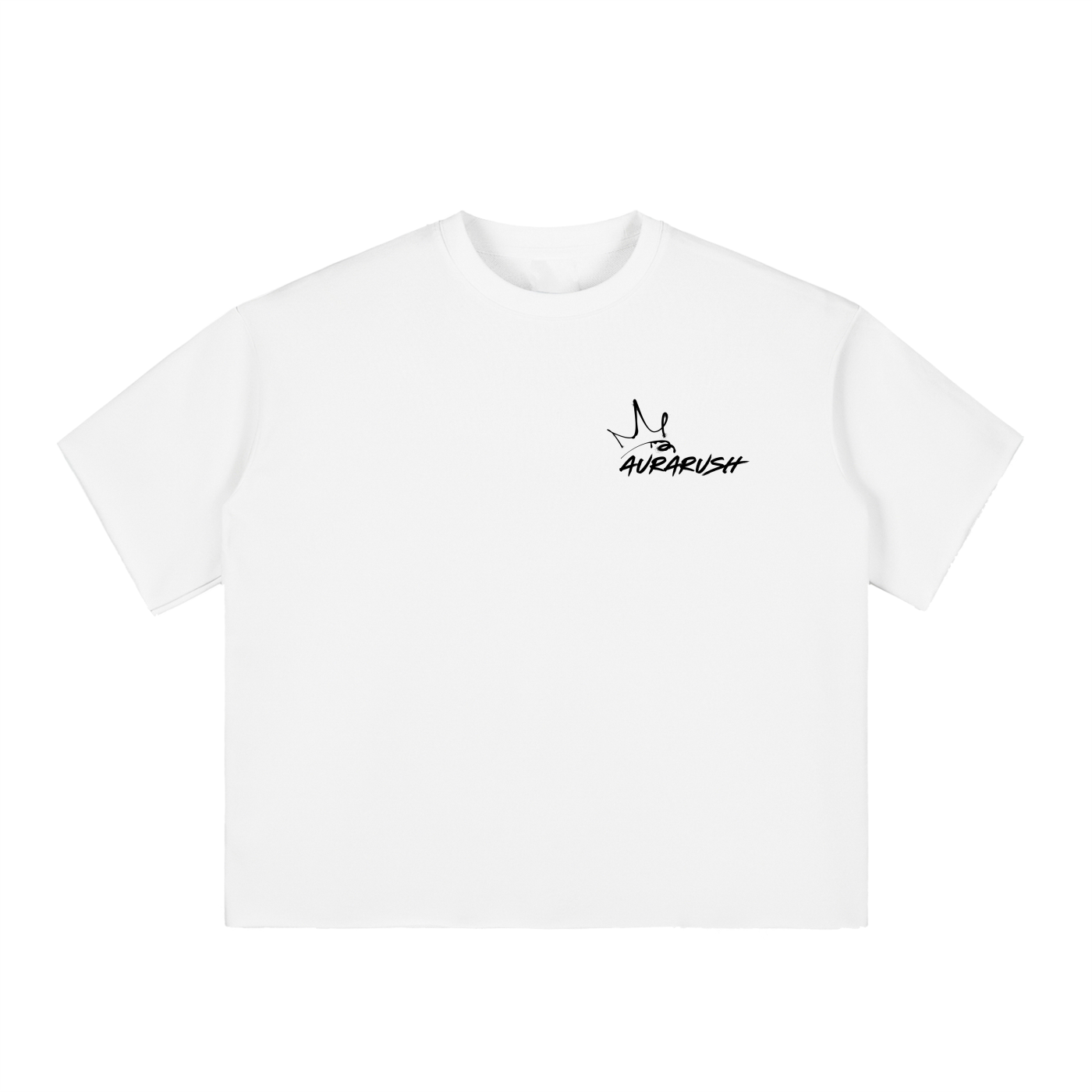 Small AURARUSH Boxy Half-Sleeve Raw-Edge Tee- Black Print