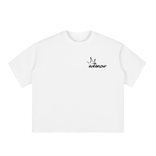 Small AURARUSH Boxy Half-Sleeve Raw-Edge Tee- Black Print