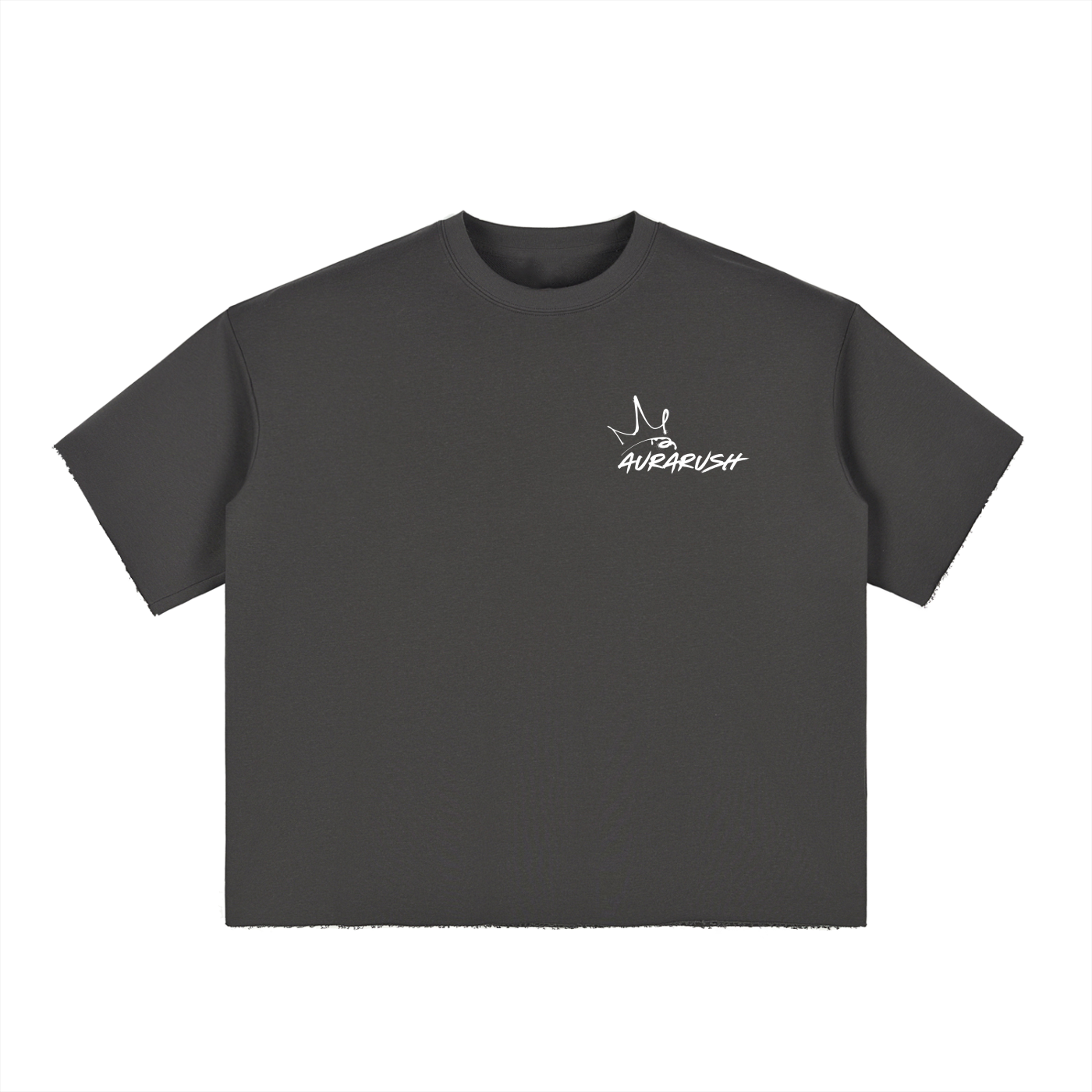 Small AURARUSH Boxy Half-Sleeve Raw-Edge Tee- White Print
