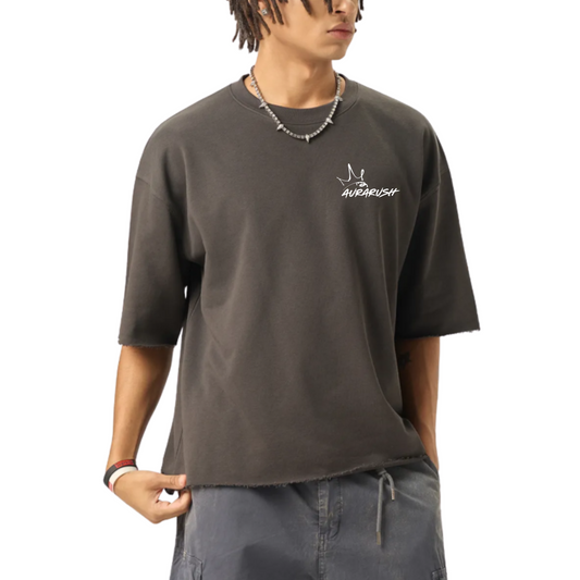 Small AURARUSH Boxy Half-Sleeve Raw-Edge Tee- White Print