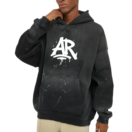 Large AURARUSH Initials Vintage Washed Frayed Fleece Hoodie