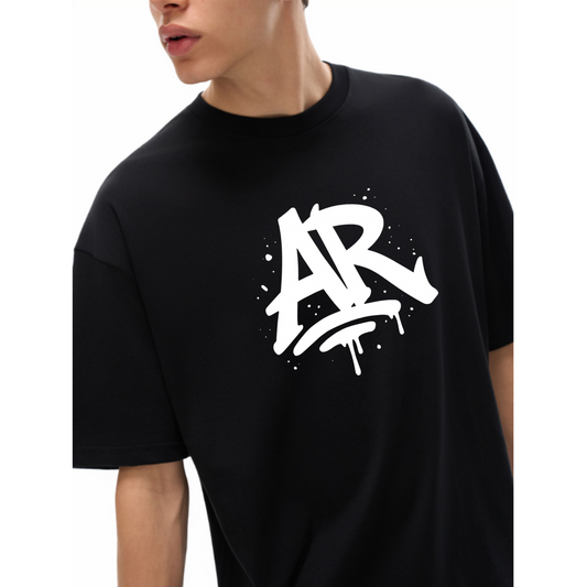 Large AURARUSH Initials Streetwear Loose Drop Shoulder Tee- White Print
