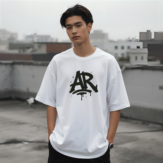 Large AURARUSH Initials Streetwear Loose Drop Shoulder Tee- Black Print