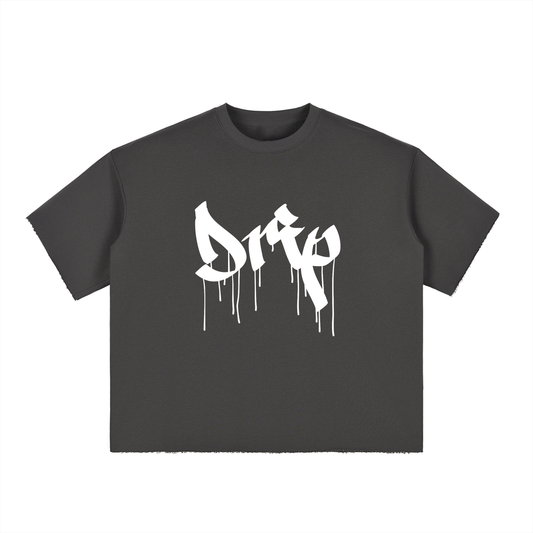 Drip Boxy Half-Sleeve Raw-Edge Tee- White Print
