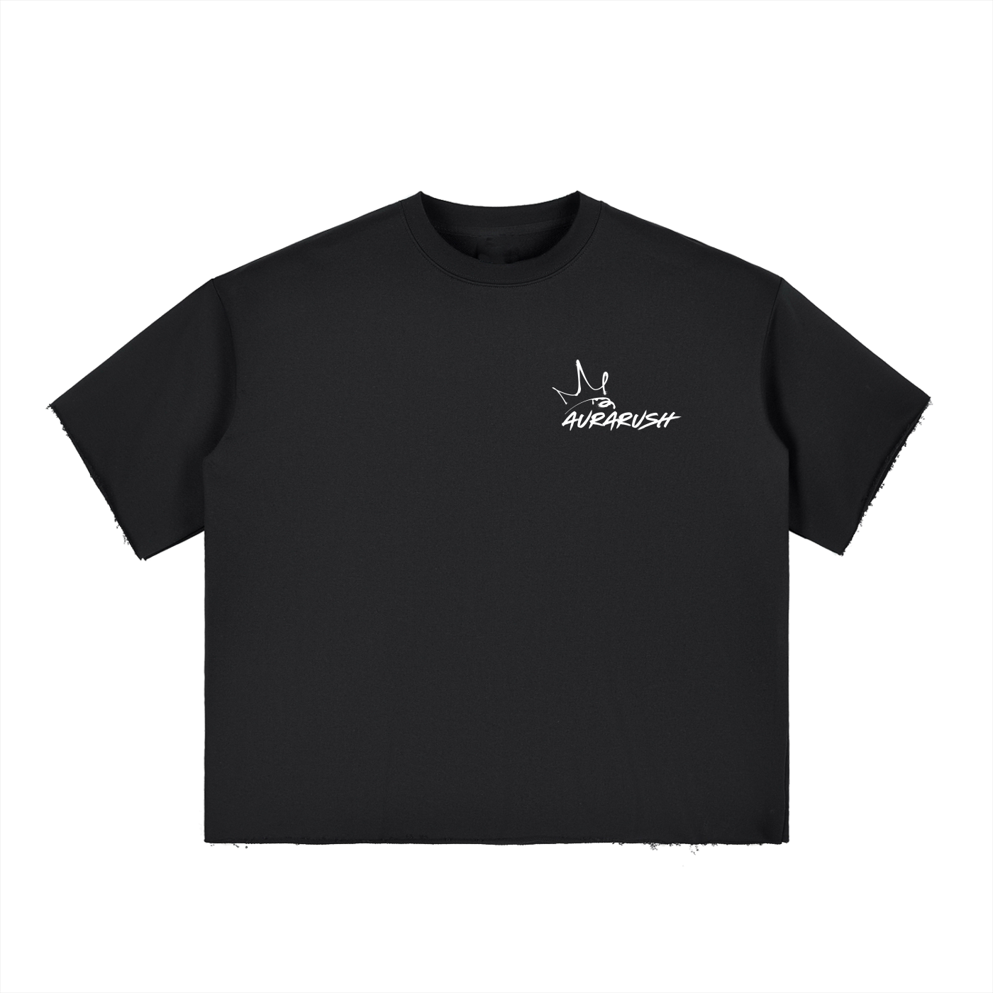 Small AURARUSH Boxy Half-Sleeve Raw-Edge Tee- White Print