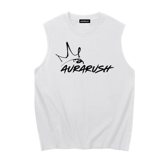 Large AURARUSH Sleeveless Cotton Tank- White Print