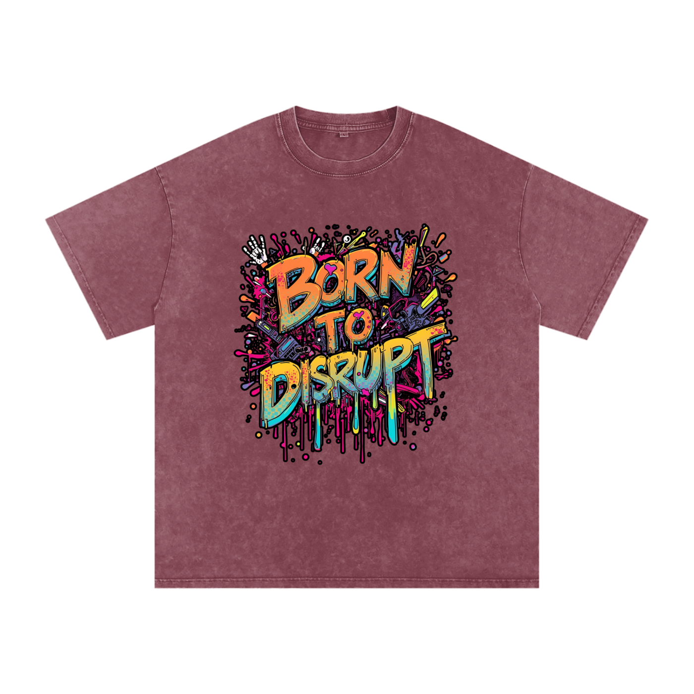 Born To Disrupt Paint Drip Snow Washed Oversized Tee