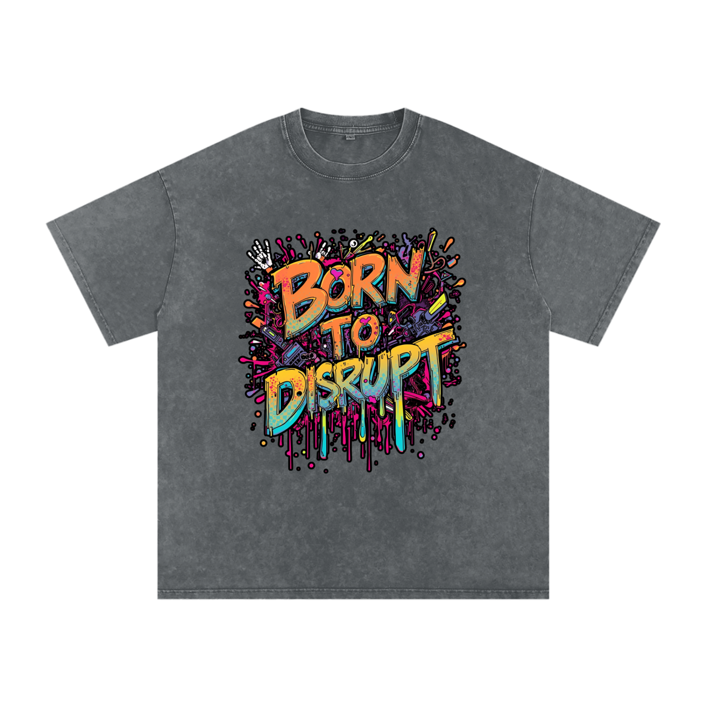 Born To Disrupt Paint Drip Snow Washed Oversized Tee