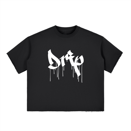 Drip Boxy Half-Sleeve Raw-Edge Tee- White Print